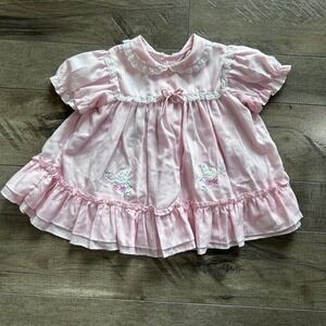Vintage Pink Gingham Baby Dress W/ Embroidered Birds Lace Trim Ruffle Sz 24 Mo